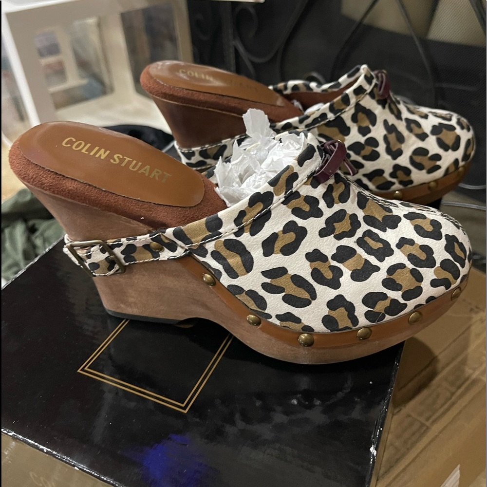 Colin Stuart Leopard Wedge Clogs